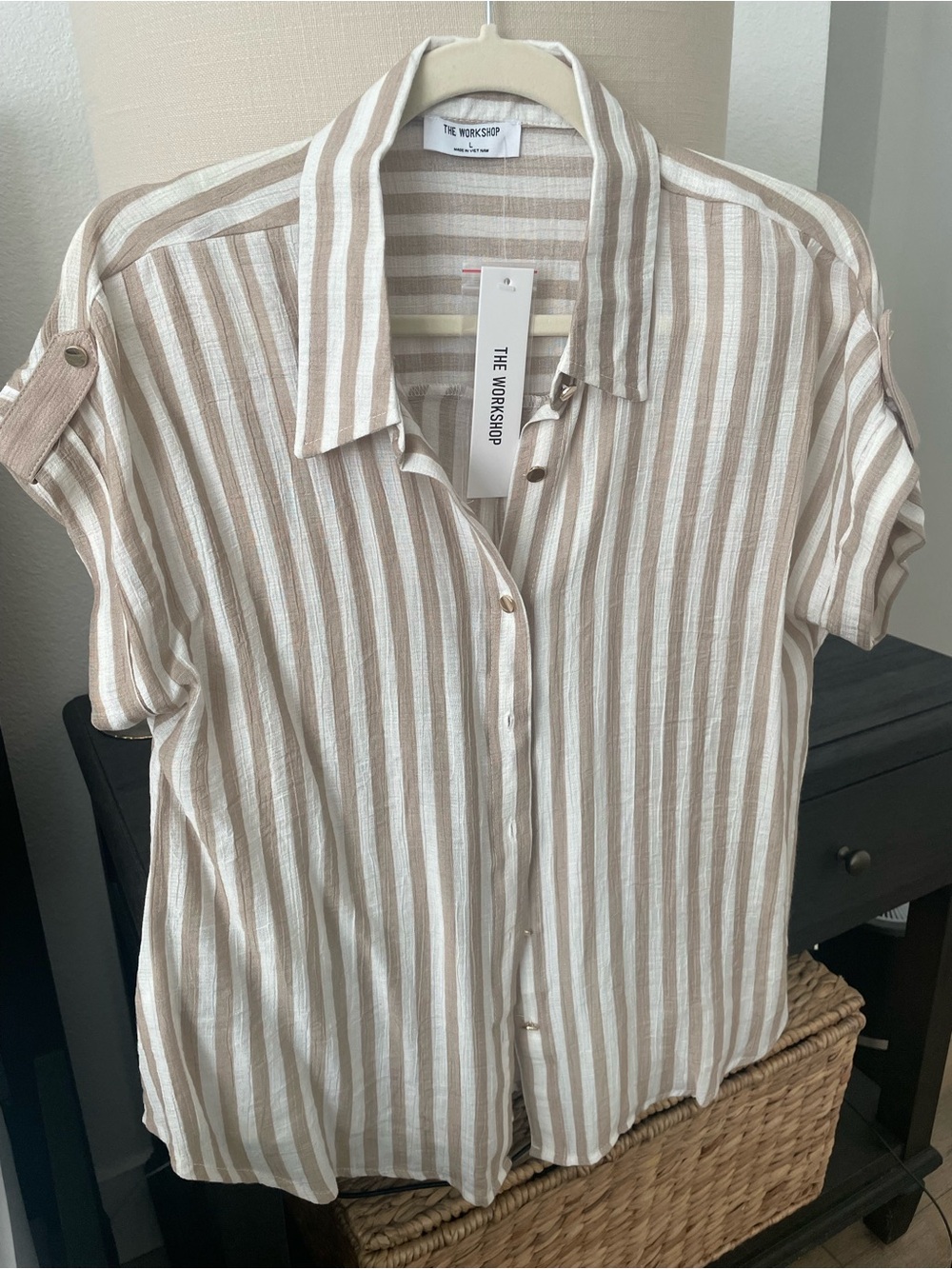 Workshop Republic Clothing Beige and White Striped Women's Button-Down Shirt